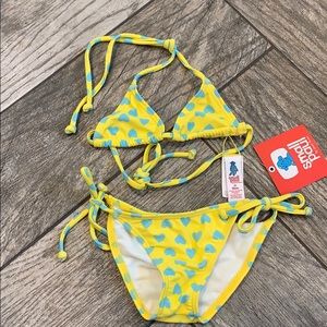 Yellow swimsuit with baby blue hearts